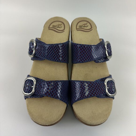 Dansko Sophie Sandal Blue Purple Snakeskin Leather Double Buckle Womens 38 7.5 - Picture 4 of 14